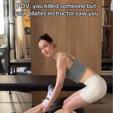 Woman smiling during a workout with dark humor text about a pilates instructor seeing a crime.