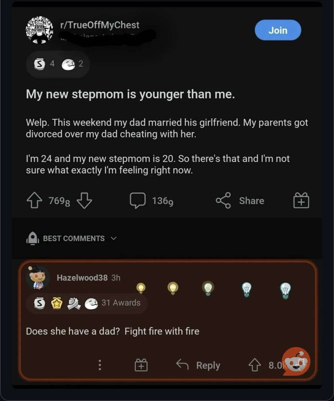 Reddit screenshot from TrueOffMyChest subreddit with a highly awarded funny revenge comment about stepmoms.