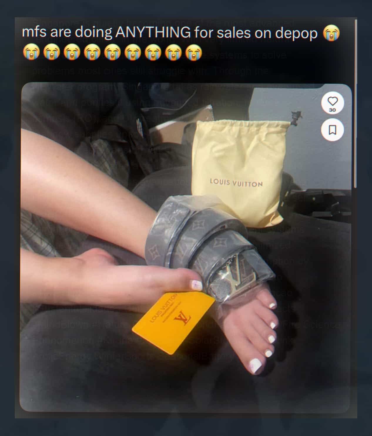 Depop seller wrapping a Louis Vuitton belt around a foot to increase sales.