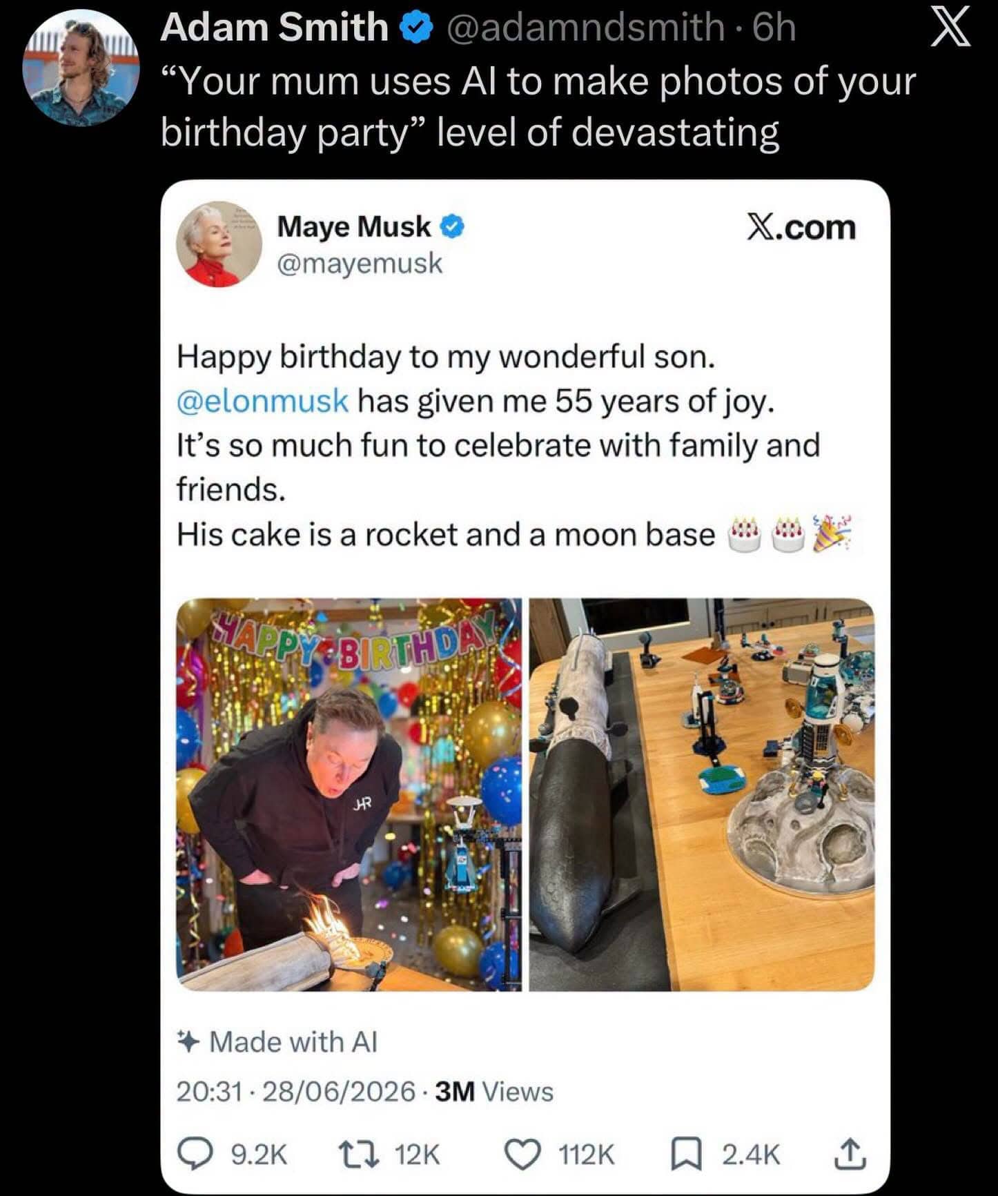 Screenshot of an X post showcasing an AI generated birthday celebration image for Elon Musk.