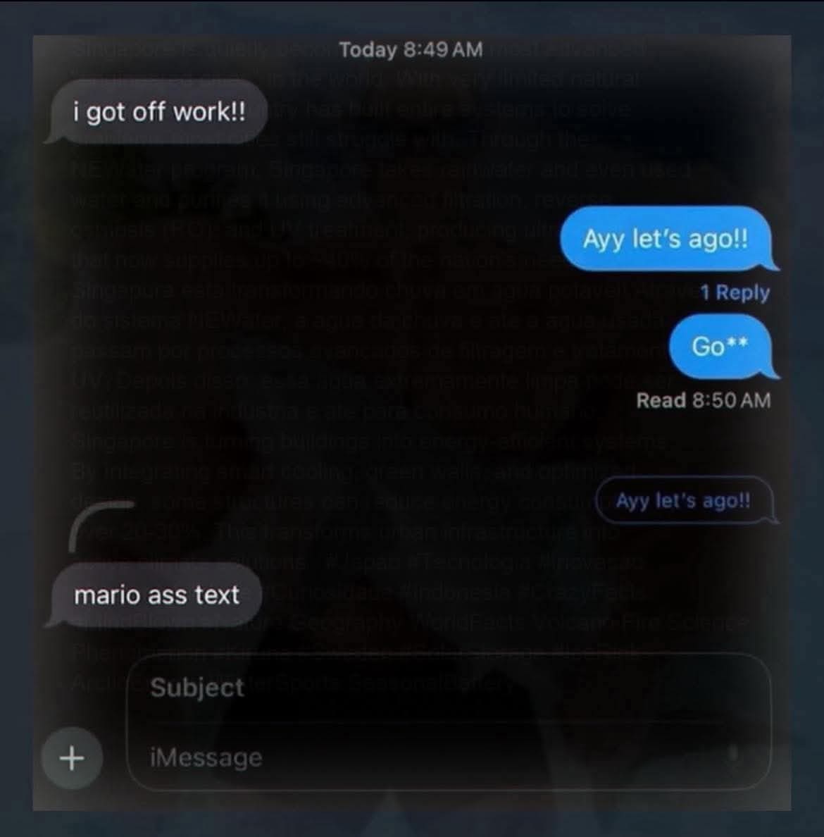 Funny text message exchange where an accidental typo results in a hilarious Mario joke.