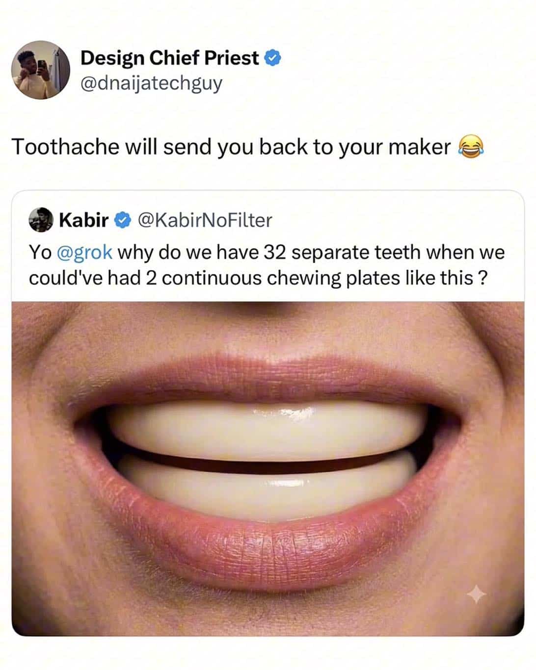 Close-up of teeth photoshopped into solid continuous upper and lower chewing plates.