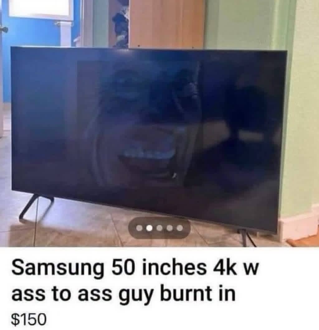Funny marketplace listing for a used television with a strange scary face burnt into the screen.
