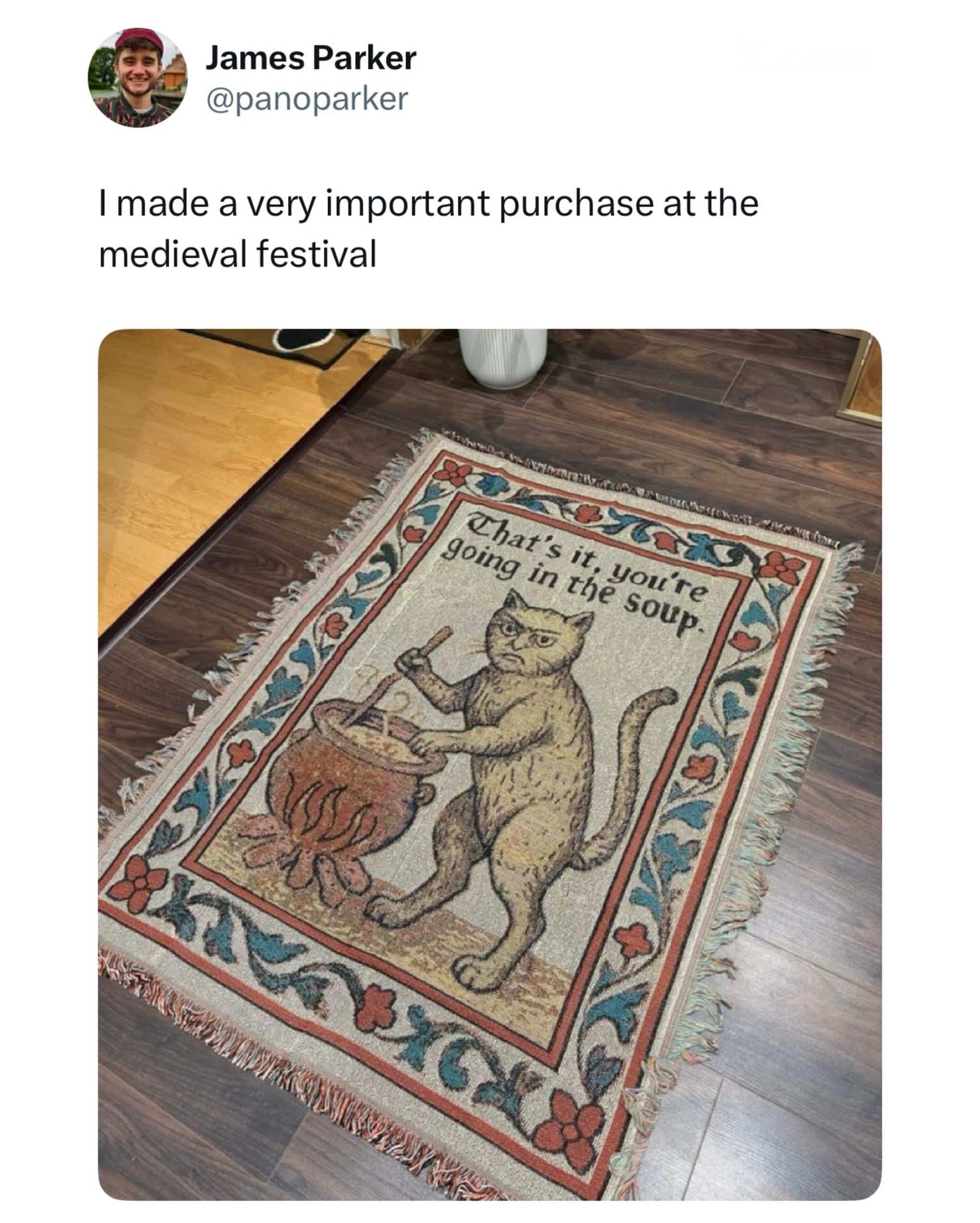 Medieval style tapestry woven with a grumpy cat cooking soup over a fire.