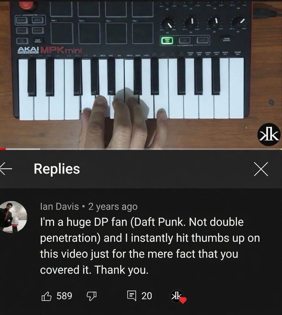 YouTube comment screenshot with a funny clarification regarding the acronym DP while praising a Daft Punk cover.