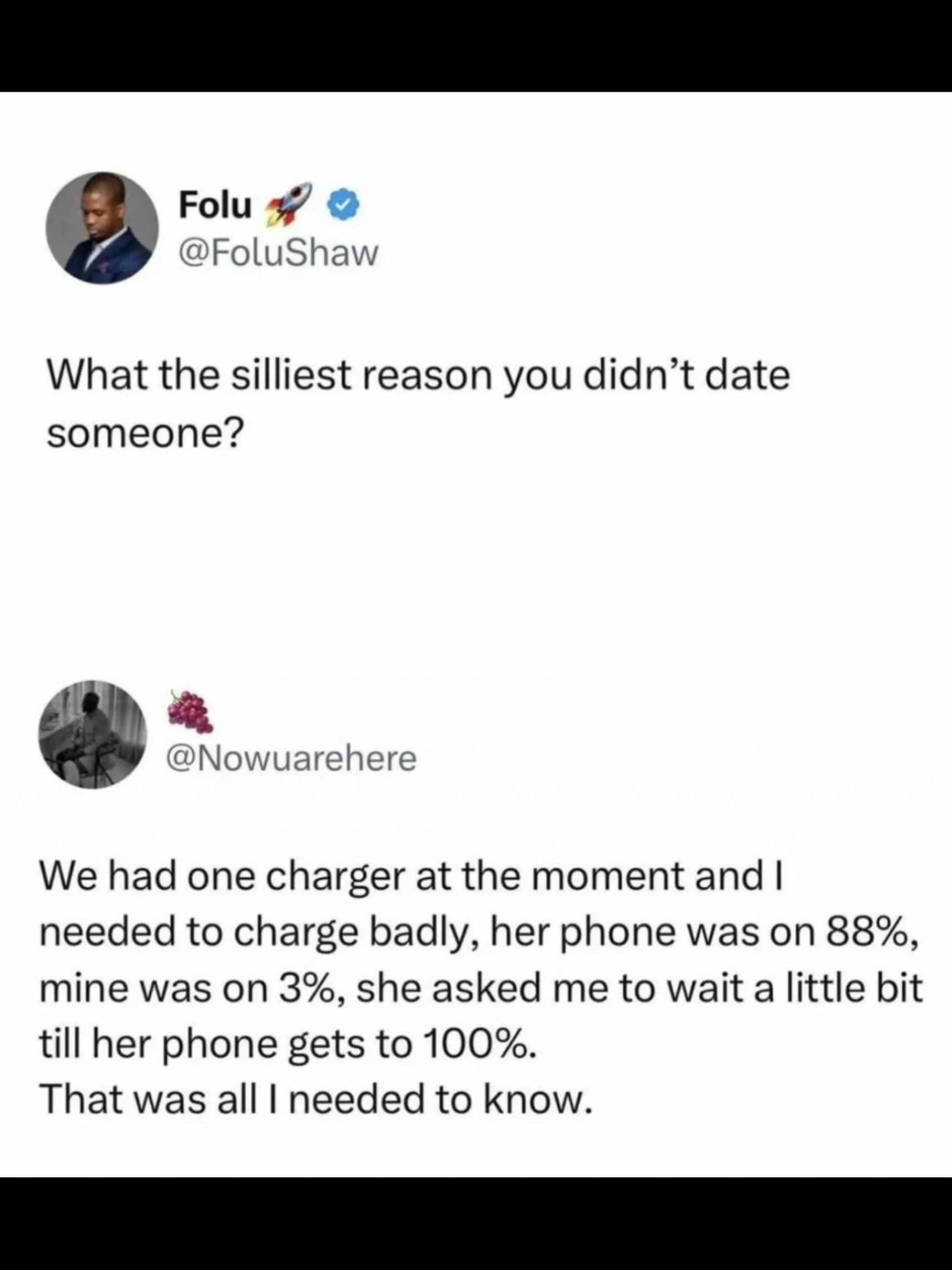 Funny memes Twitter thread about the silliest reason someone refused to date another person over phone charging.