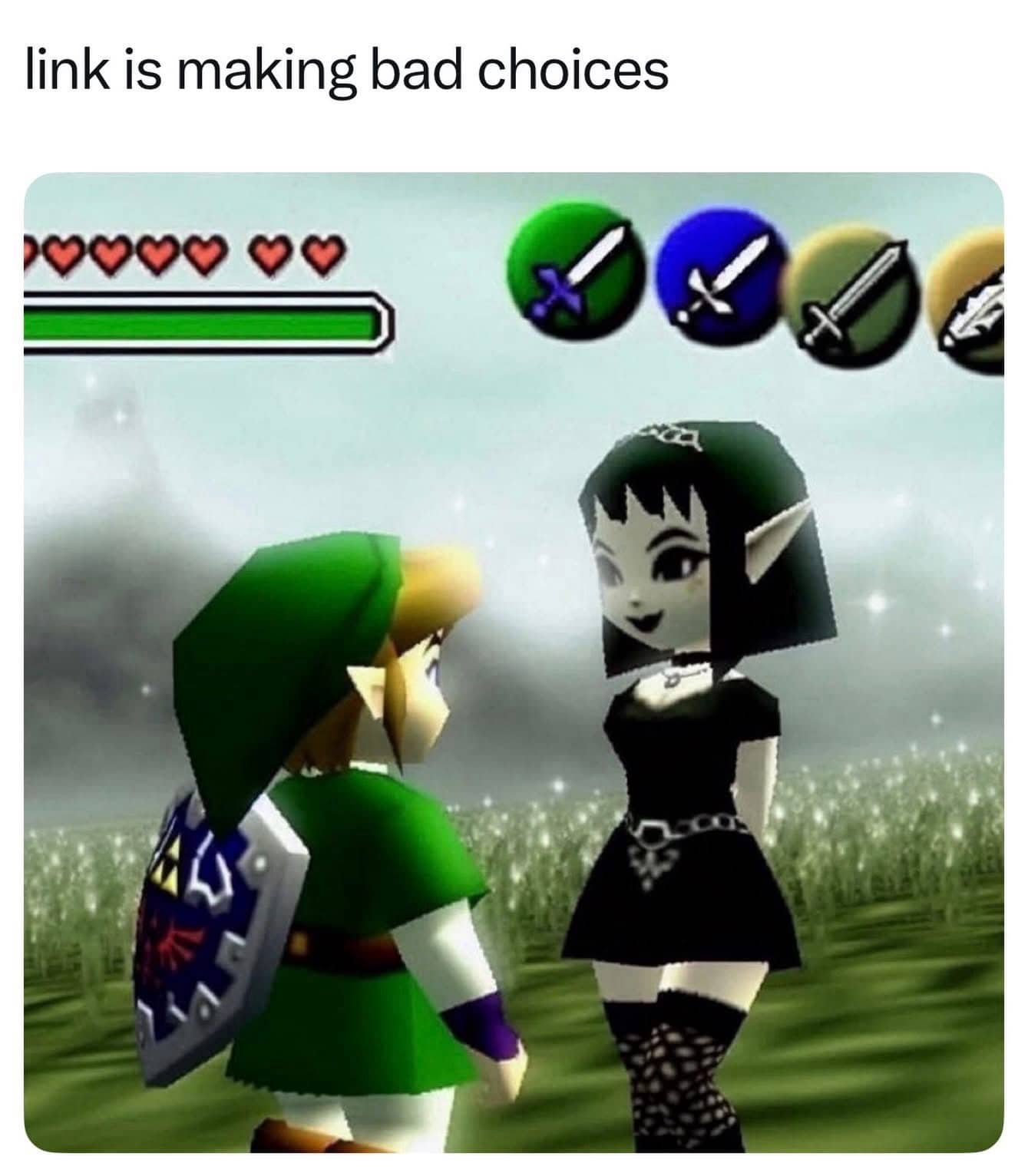 Retro video game screenshot featuring Link from Zelda talking to a custom goth-styled female elf character.