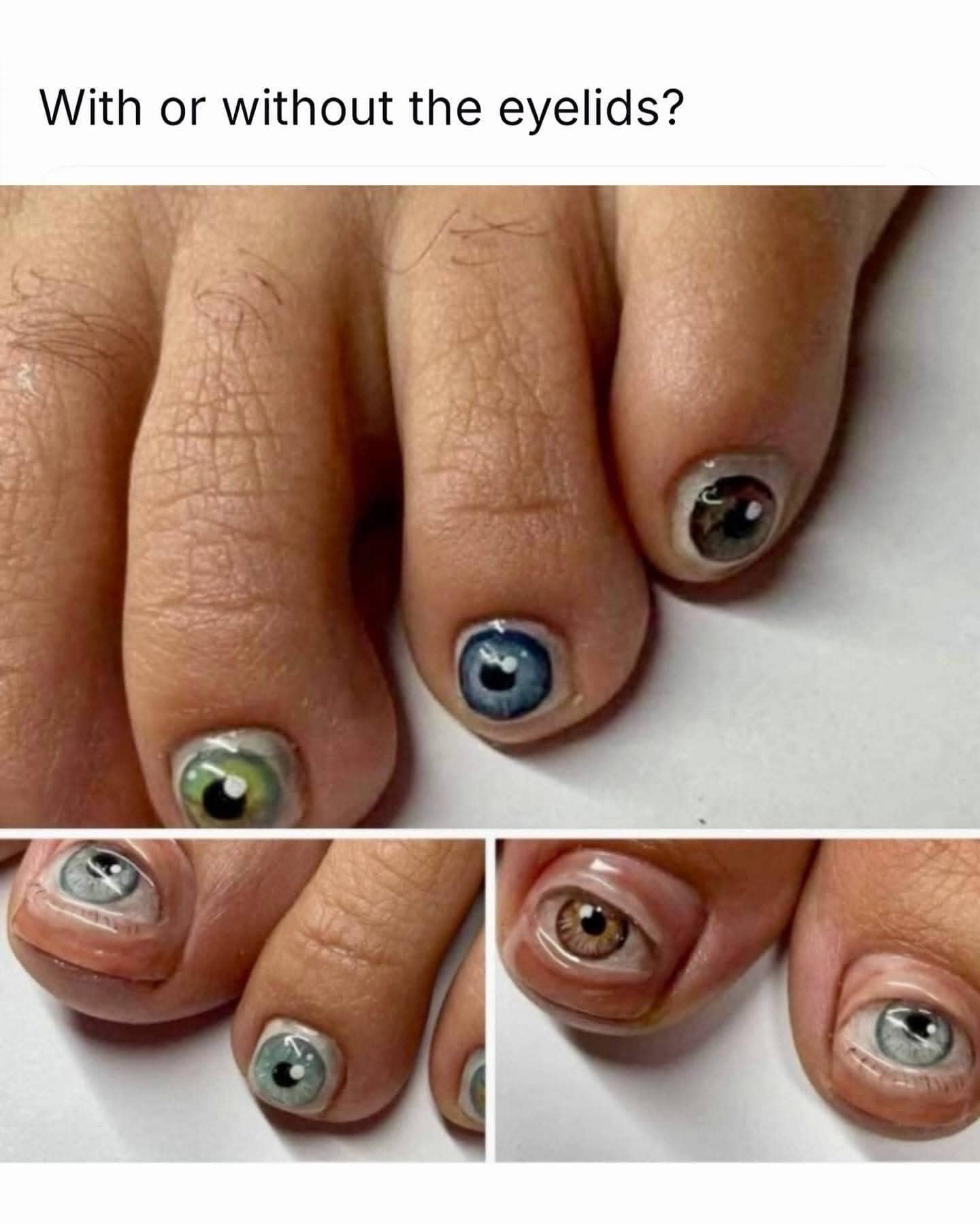 Cursed pedicure image displaying detailed human eyes painted onto toenails, both with and without realistic eyelids.