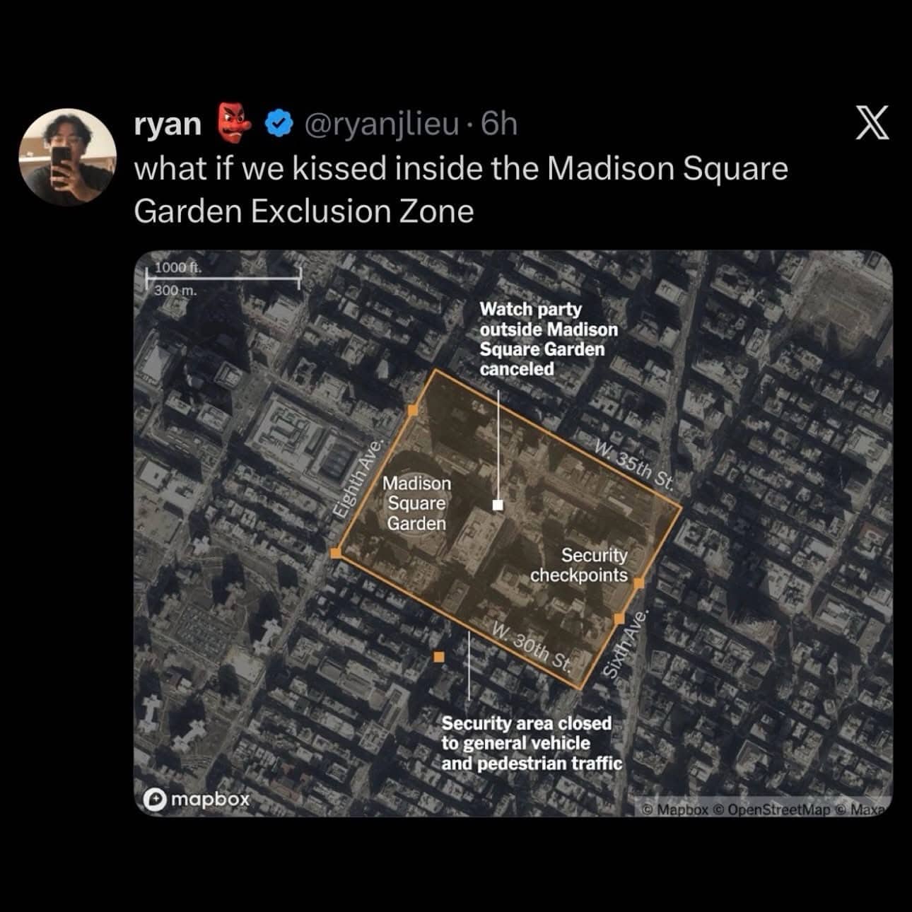 Map showing Madison Square Garden exclusion zone with social media text about romantic kissing memes.