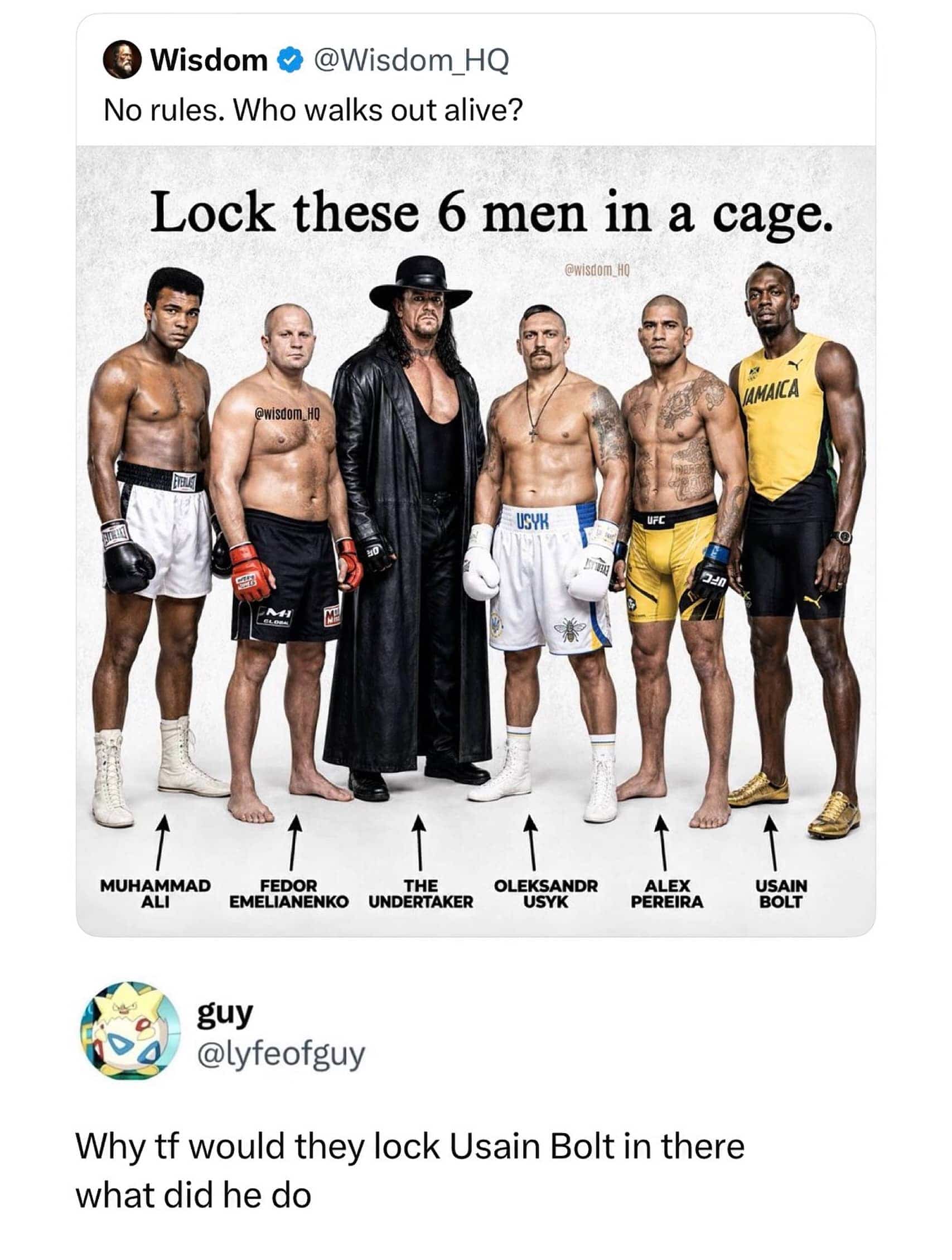 Twitter meme questioning why Usain Bolt is locked in a cage with professional combat fighters.