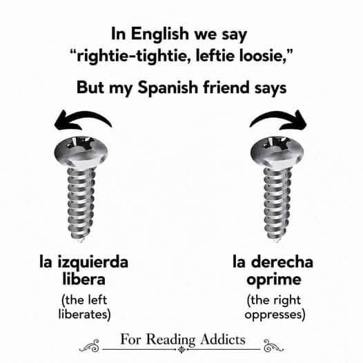 Diagram comparing English screwdriver mnemonic to a politically charged Spanish phrase with screws.
