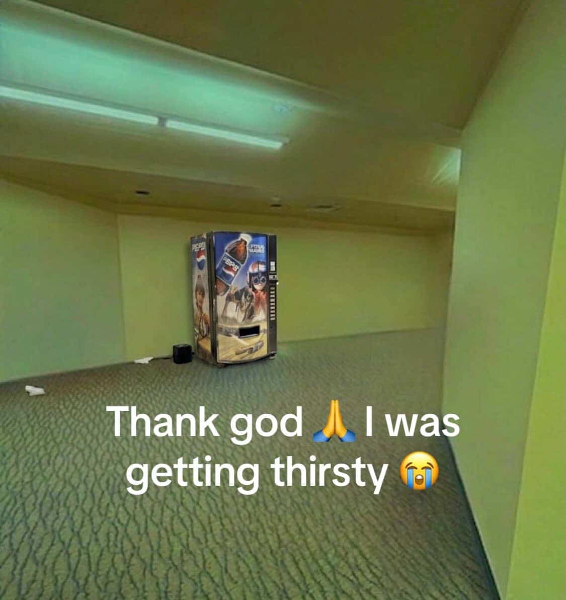Backrooms creepy meme featuring a solitary Pepsi vending machine under eerie fluorescent lighting.