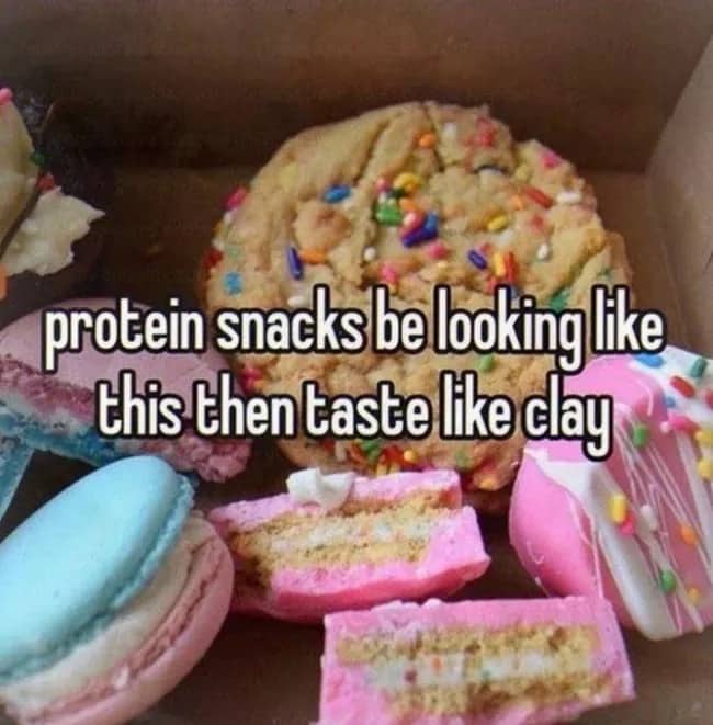Relatable text meme criticizing health-focused protein snacks that look appetizing but taste like clay.