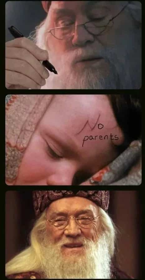 Harry Potter parody image showing Dumbledore writing a funny message on baby Harry's forehead.