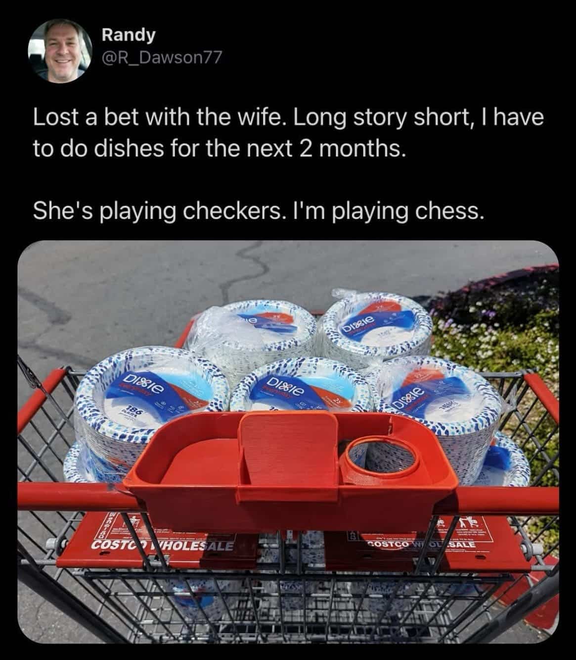 Shopping cart filled with bulk packs of paper plates to avoid washing dishes.