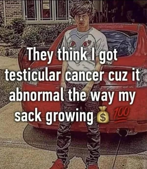 Teenager standing in front of a red sports car with ironic street style text overlay.