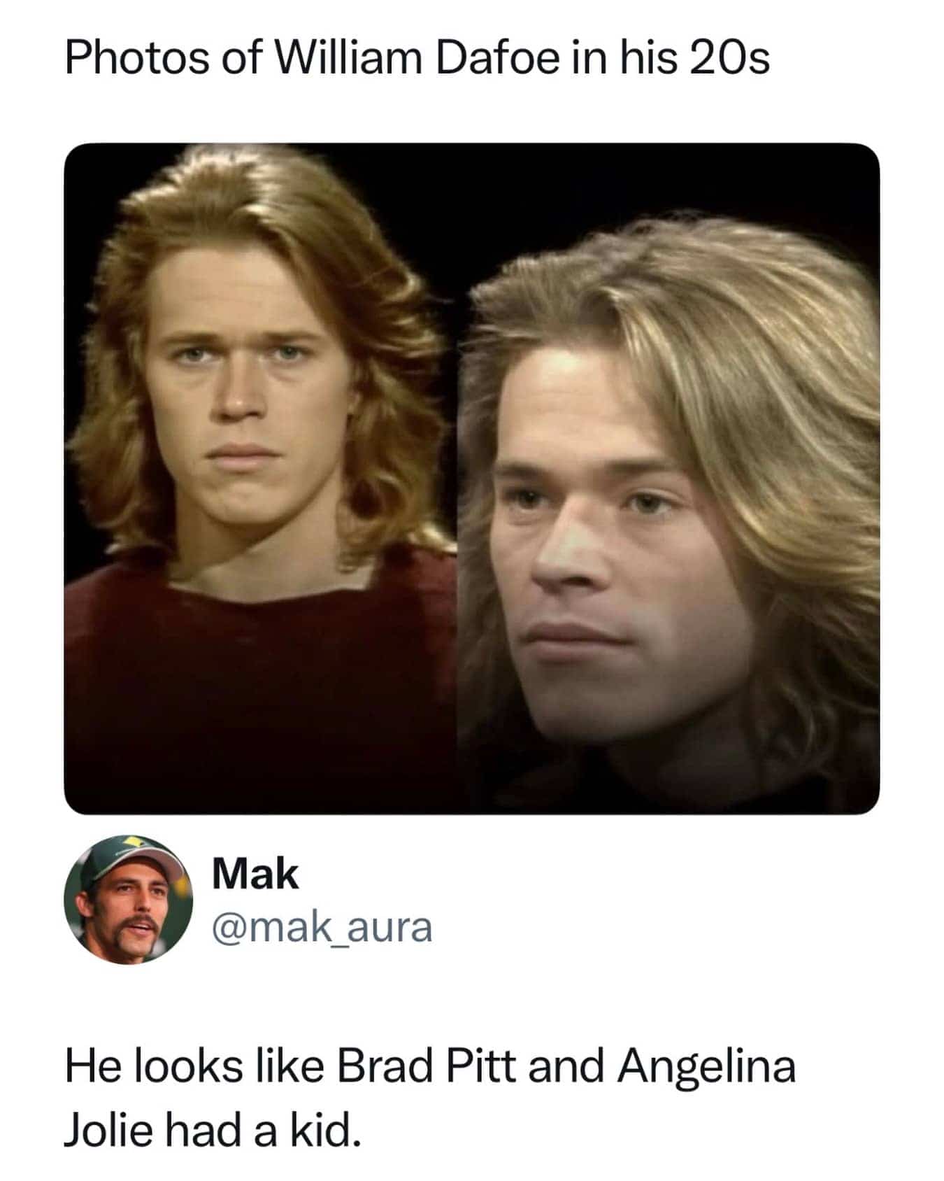 Viral meme side-by-side comparison of actor Willem Dafoe with long hair in his 20s.
