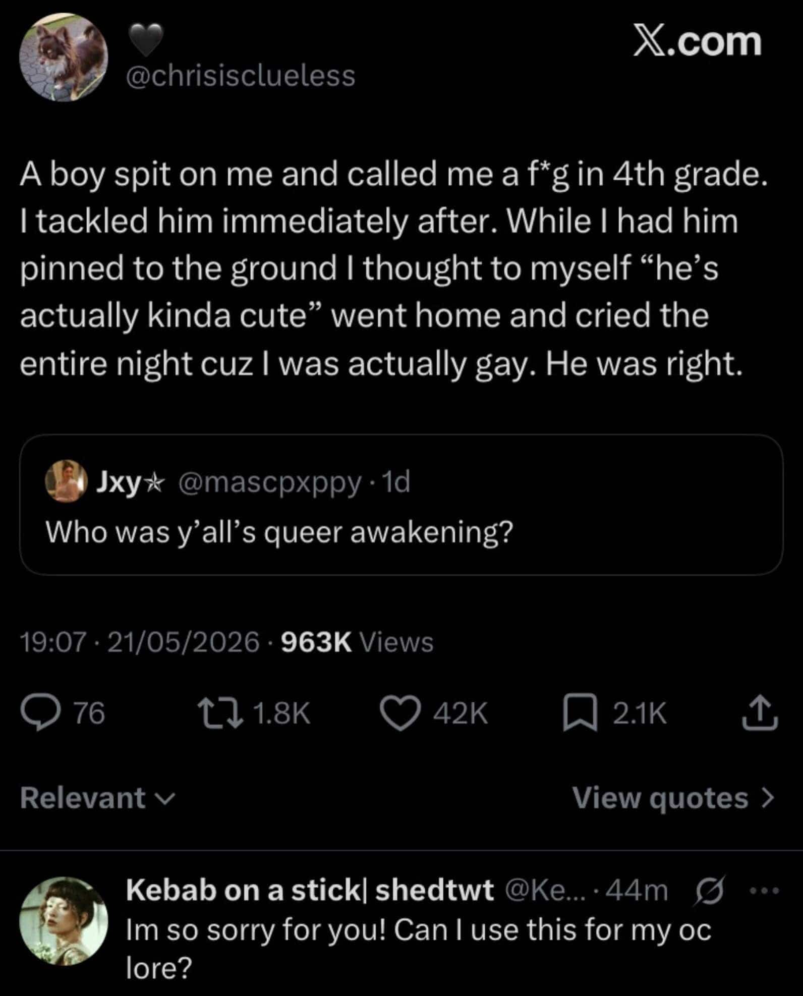 Social media post sharing a funny childhood story about an unconventional queer awakening encounter.