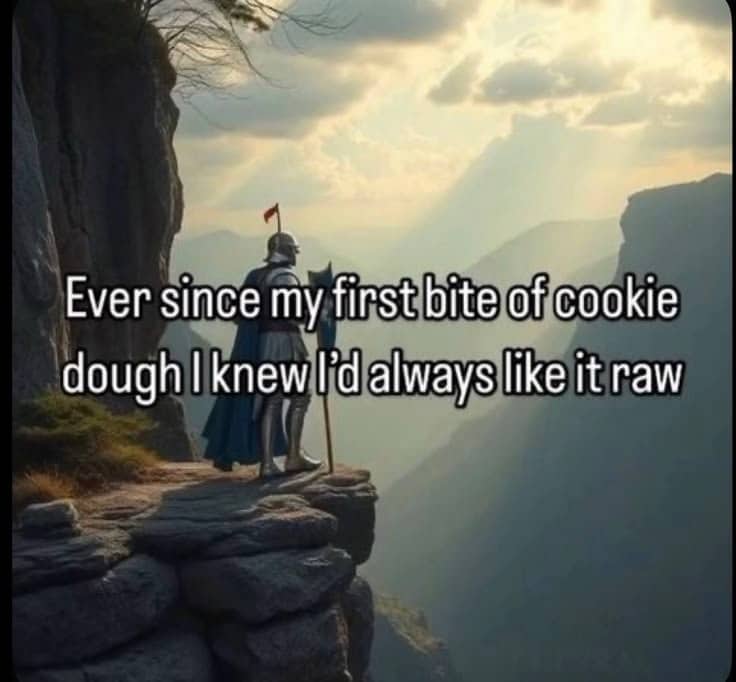 Knight looking out over a mountain valley with funny text about eating raw cookie dough.