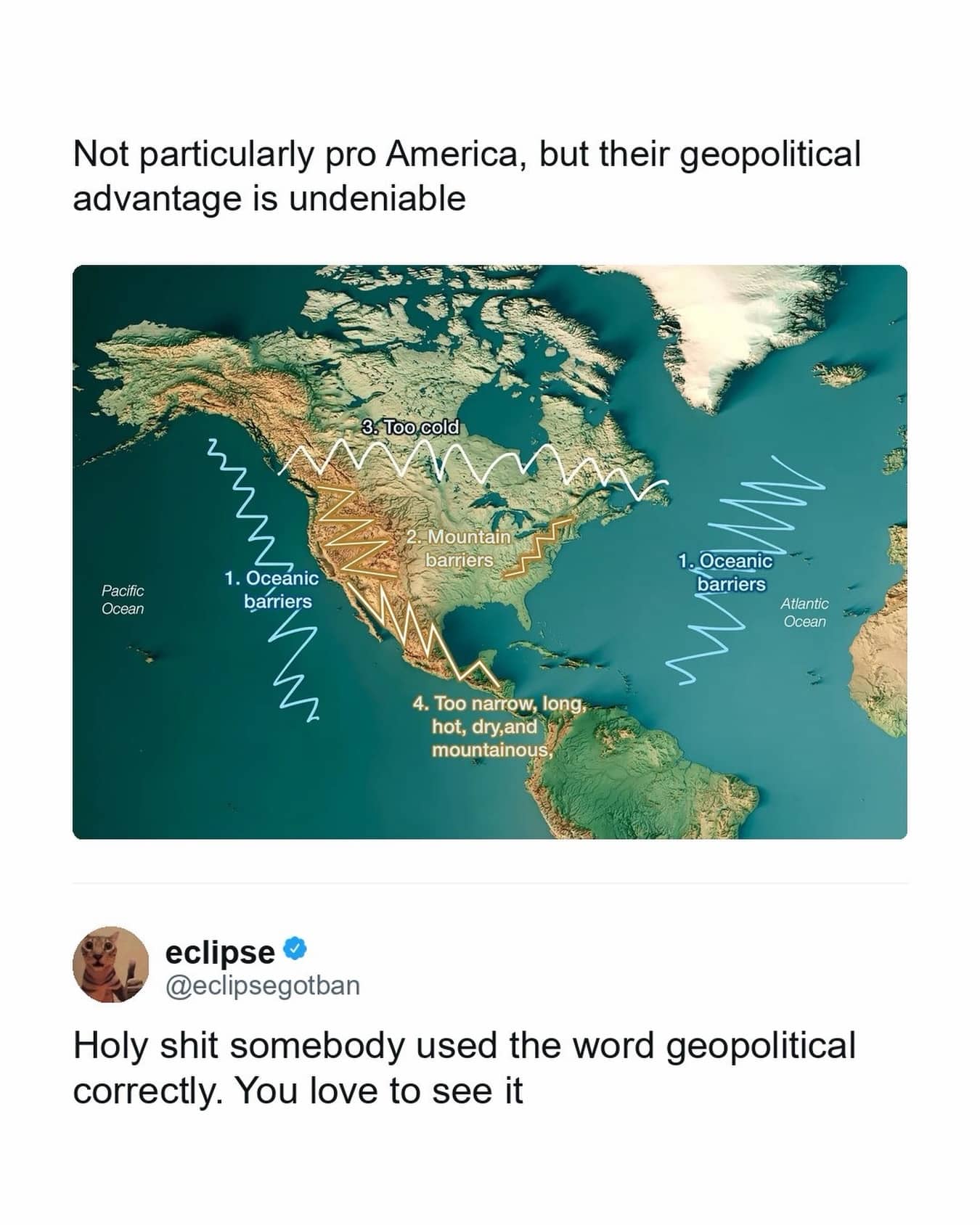 Topographical map showing the strong geopolitical advantage of North America protected by oceans and mountain barriers.