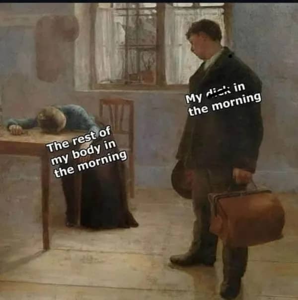 Classical painting meme comparing morning tiredness to different parts of the body waking up.
