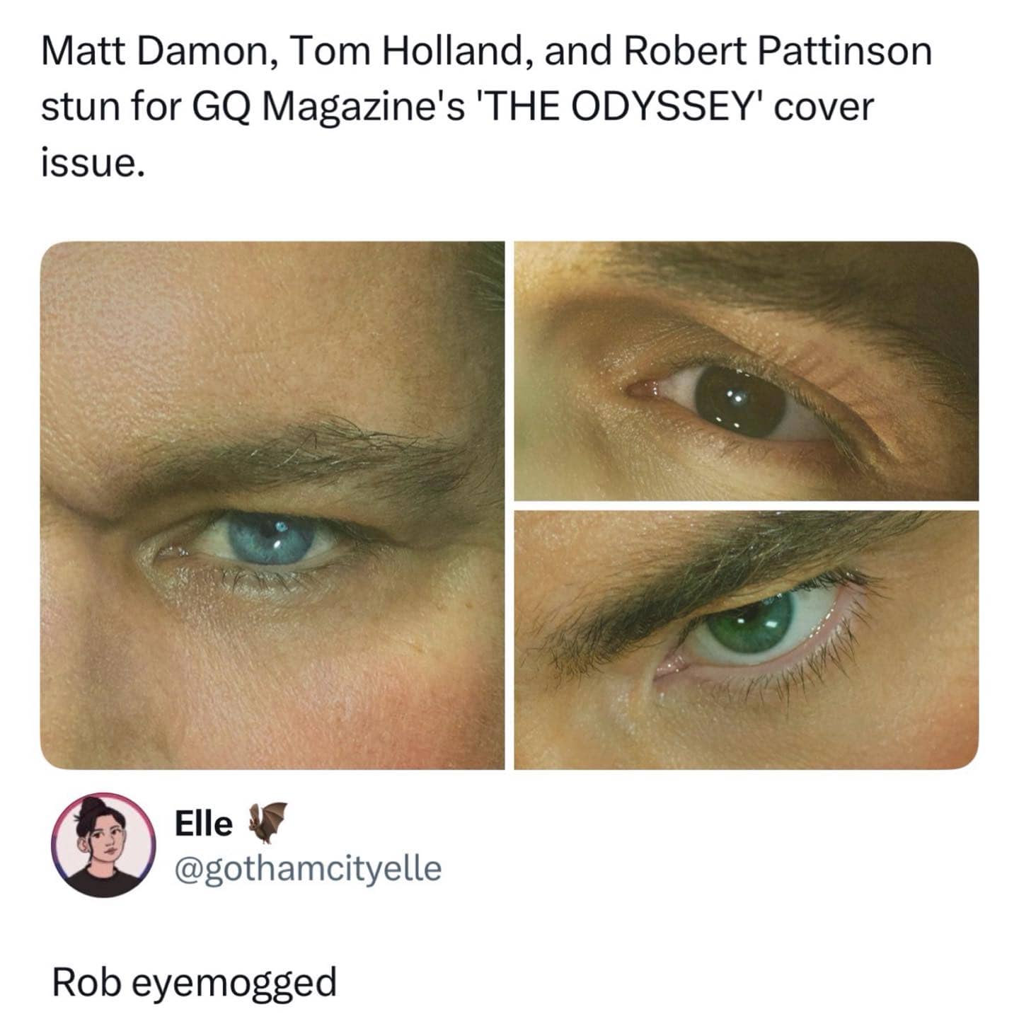 Three close-up shots of celebrity eyes contrasted with a comedic social media caption about them.