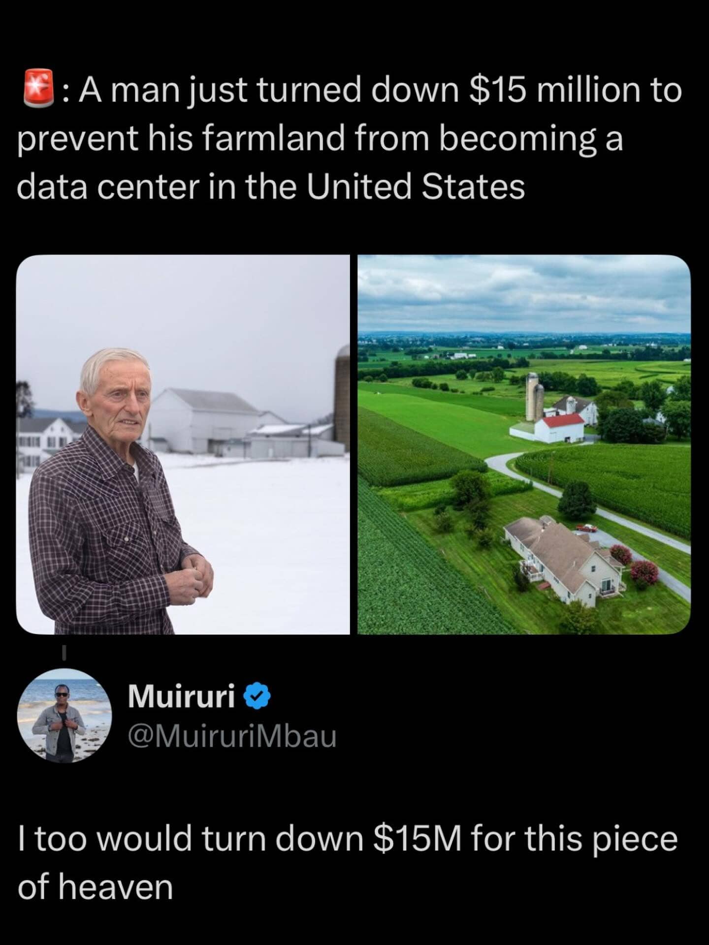 Farmer turning down millions for beautiful green farmland country landscape meme.