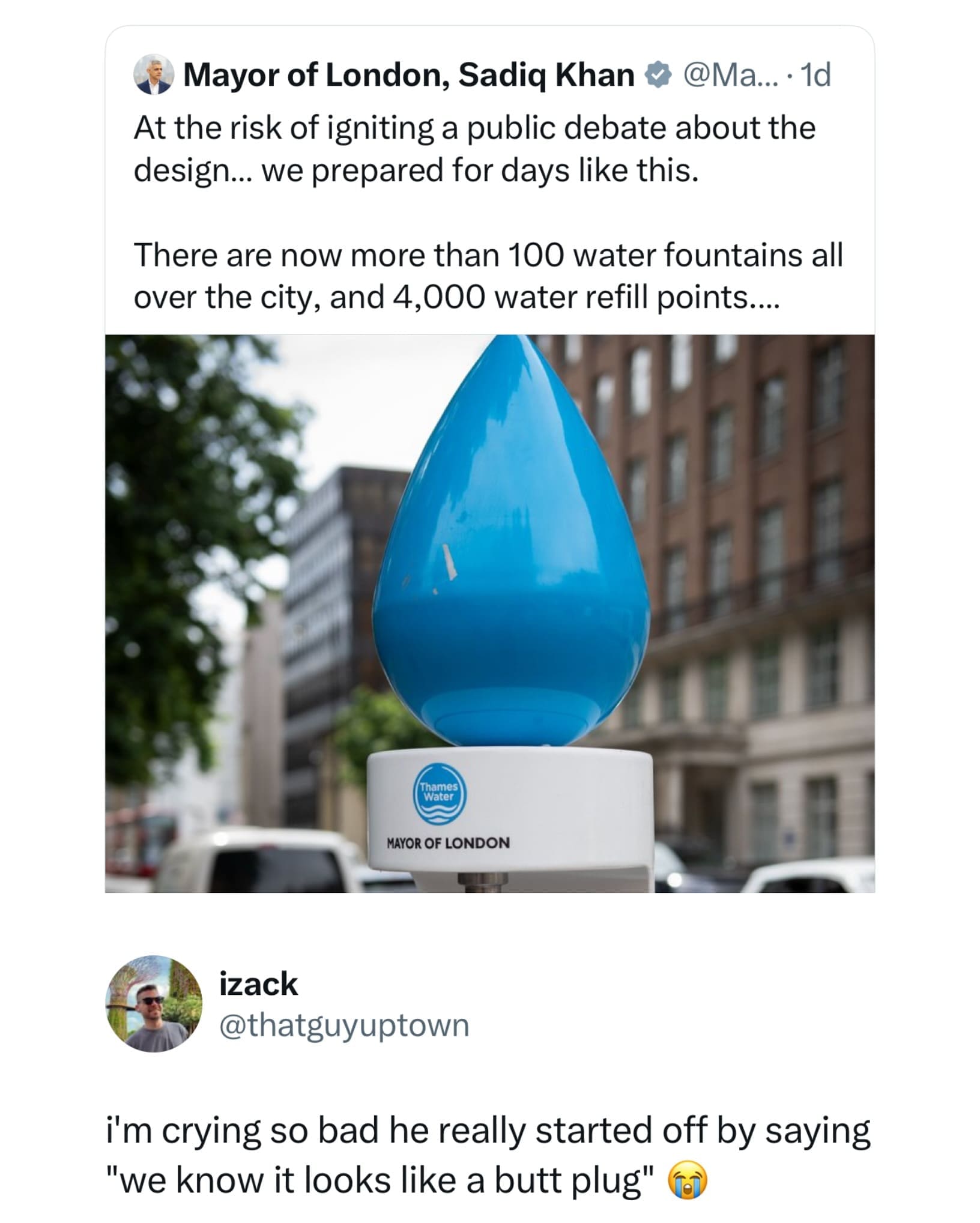 Funny social media post reacting to London's water fountain design looking like a butt plug.