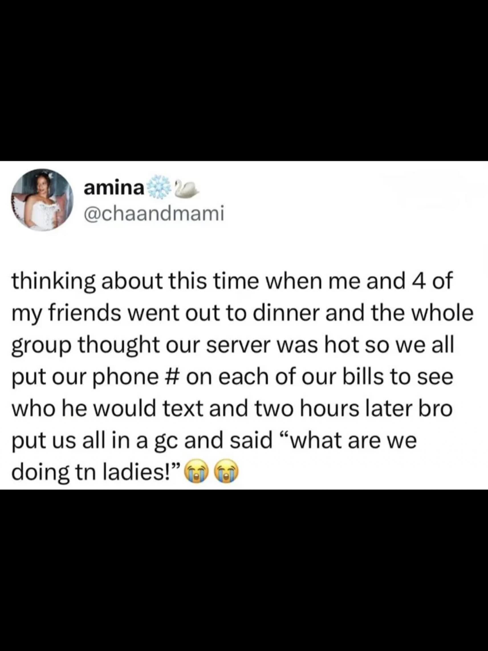 Relationship meme about a group of friends who all left their numbers for a waiter.