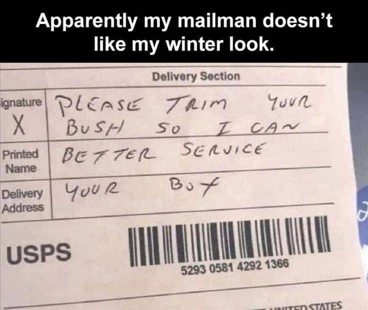 Funny post-it note from a mailman requesting a trimmed bush to provide better service.