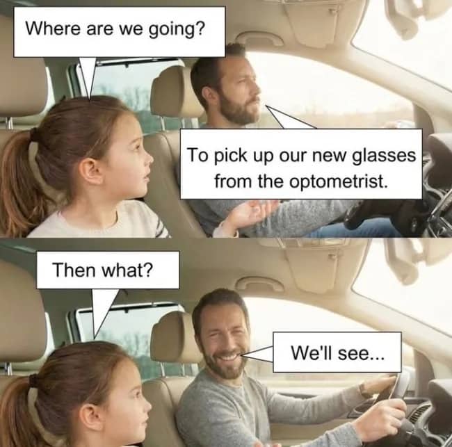 Wholesome dad joke comic showing a father making a visual pun about getting new glasses.