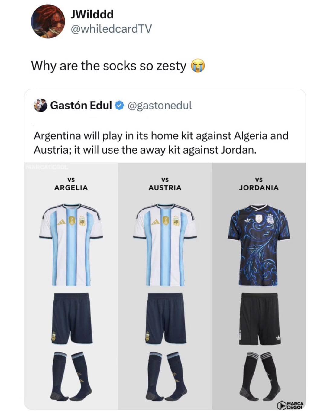 Sports jersey graphic displaying Argentina soccer kit variations to be worn against Algeria, Austria, and Jordan.