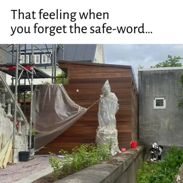 Humorous construction site photo of a statue wrapped tightly in plastic with a safe word caption.