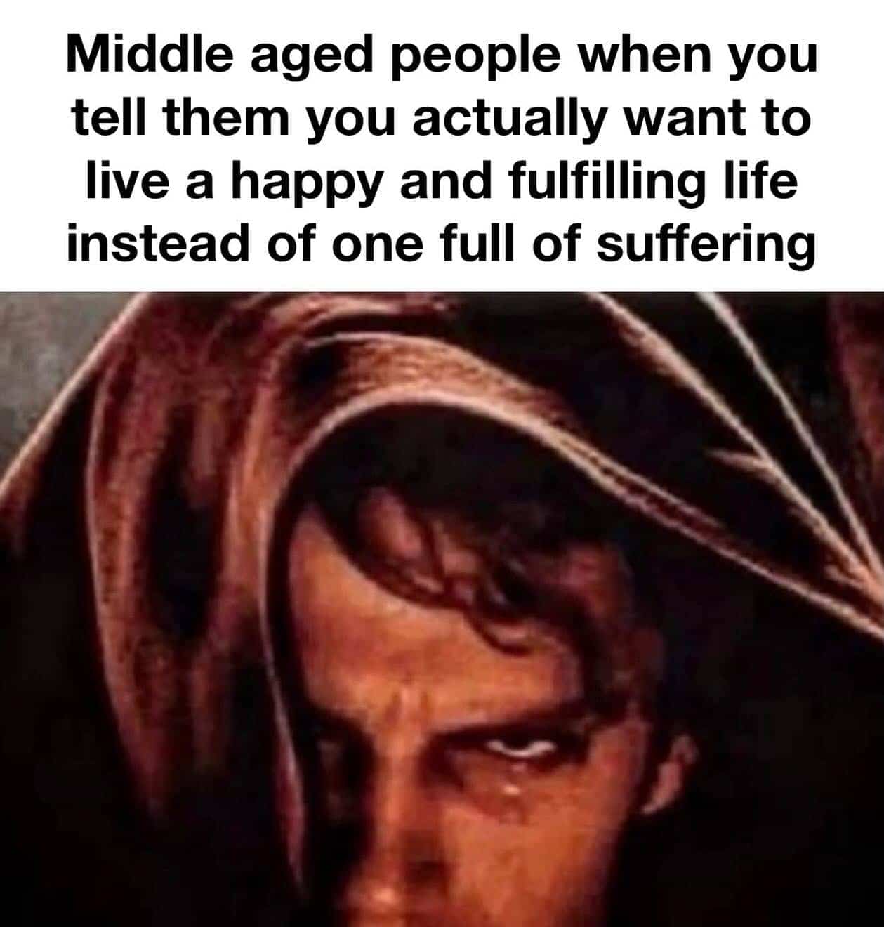 Relatable meme using Anakin Skywalker to depict middle-aged reactions to youthful optimism and happiness.