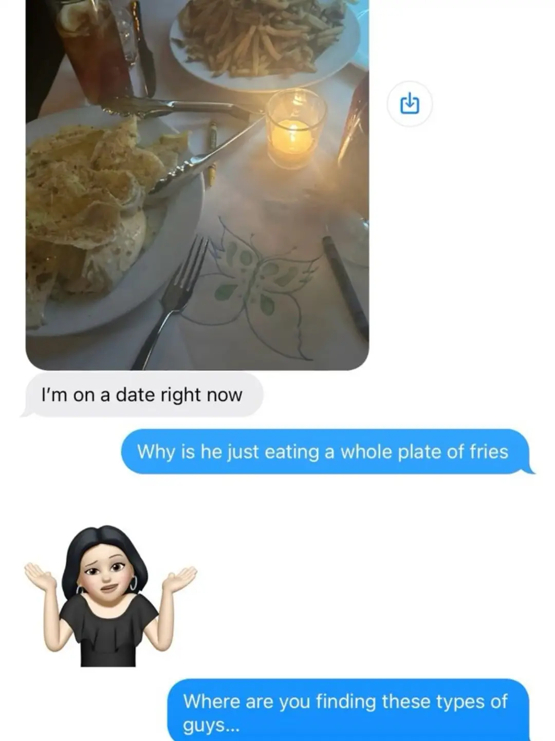 Screenshot of a text conversation showing a date eating a massive plate of fries.