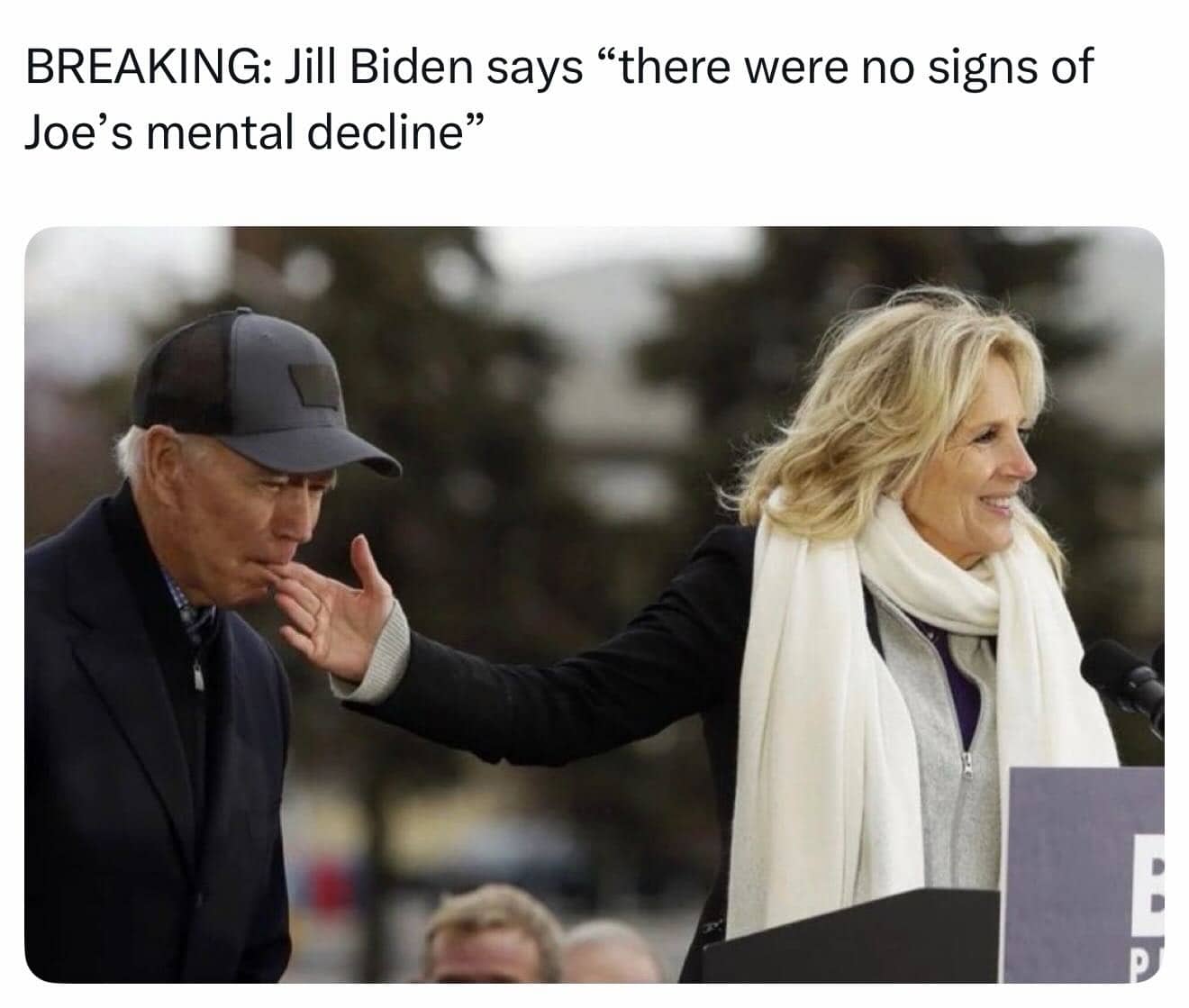 News headline about Jill and Joe Biden paired with a perfectly timed, awkward public photograph.