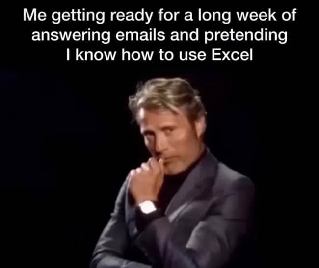Mads Mikkelsen looking pensive with text about pretending to understand Microsoft Excel at work.
