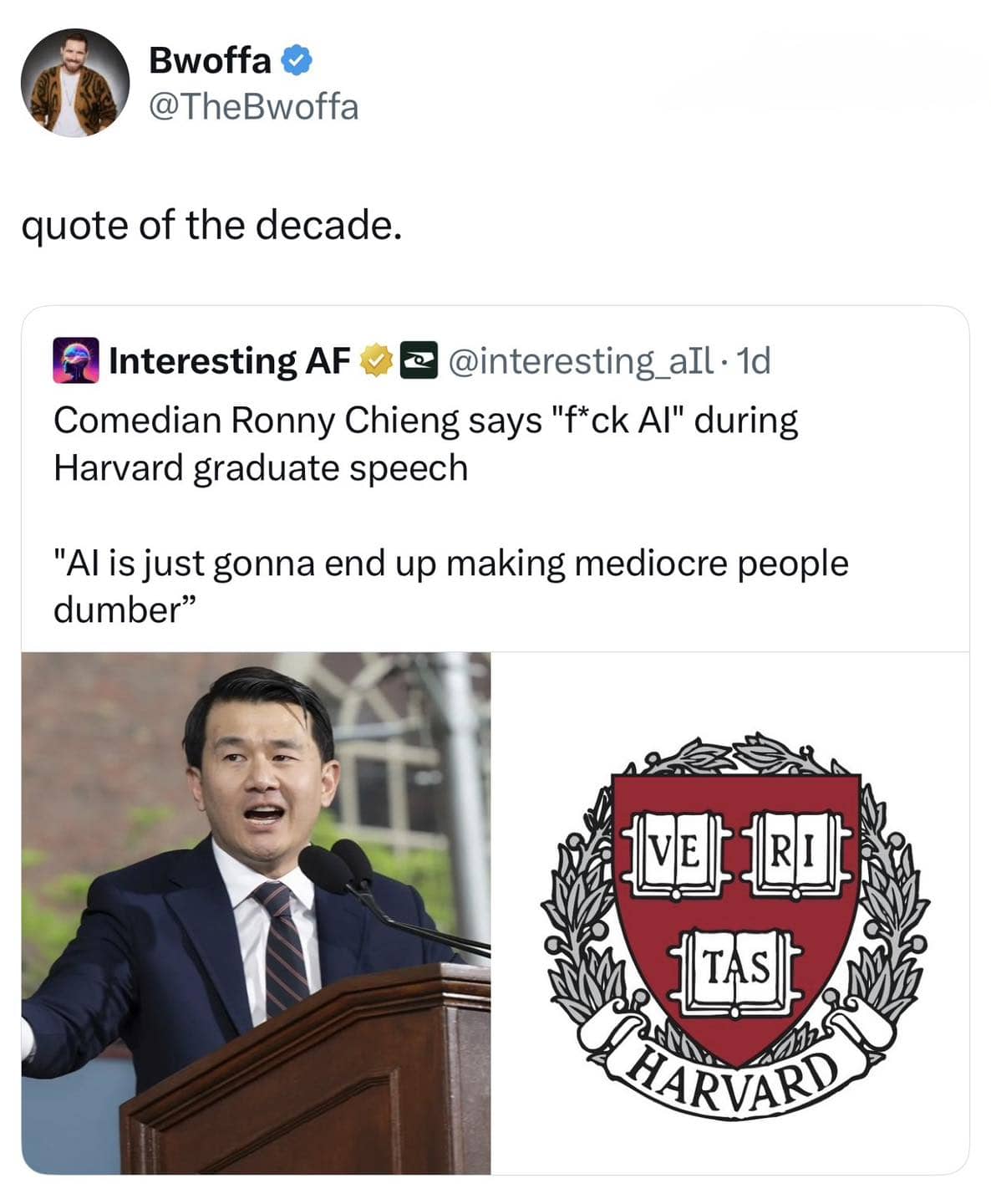 Social media post quoting comedian Ronny Chieng criticizing AI development during a Harvard University graduation speech.