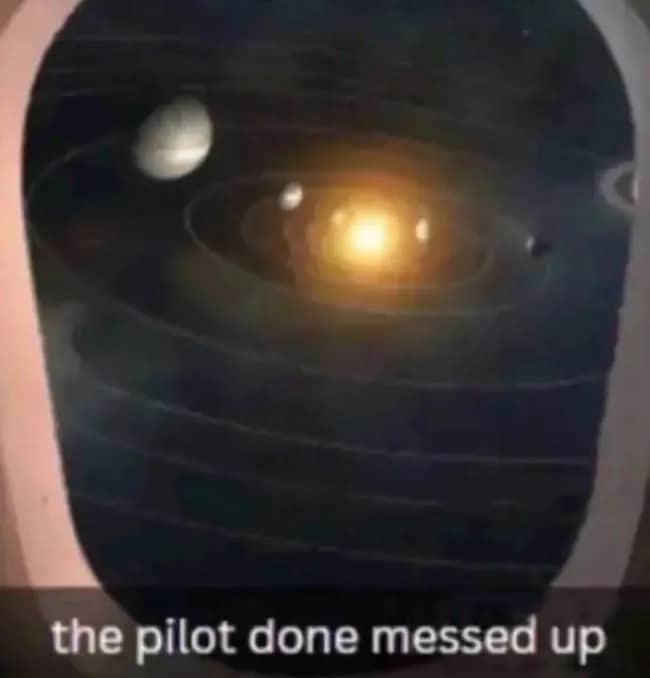Outer space meme showing the solar system outside of a passenger airplane window view.