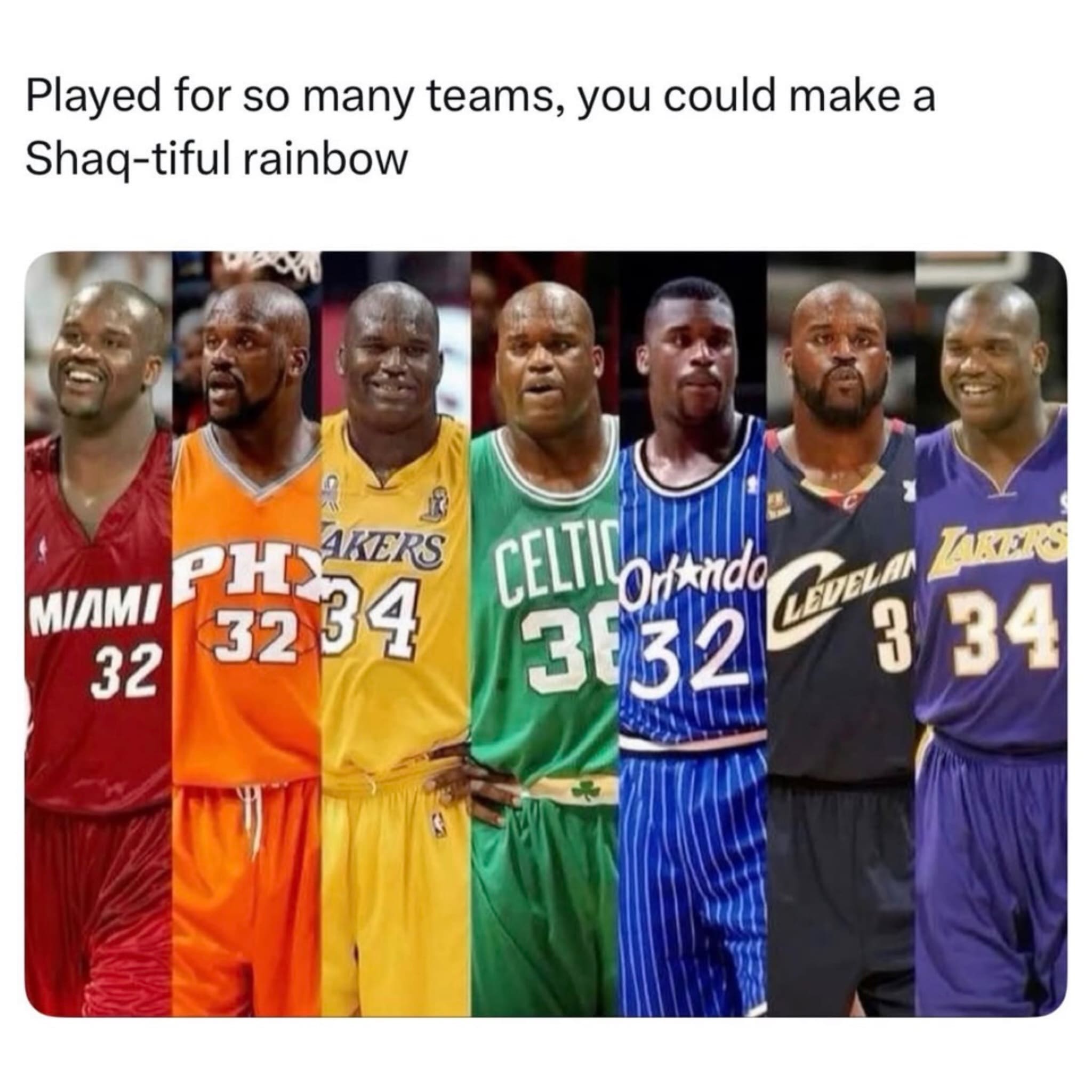 Colorful collage grid displaying basketball player Shaquille O'Neal in his different vibrant team jerseys.