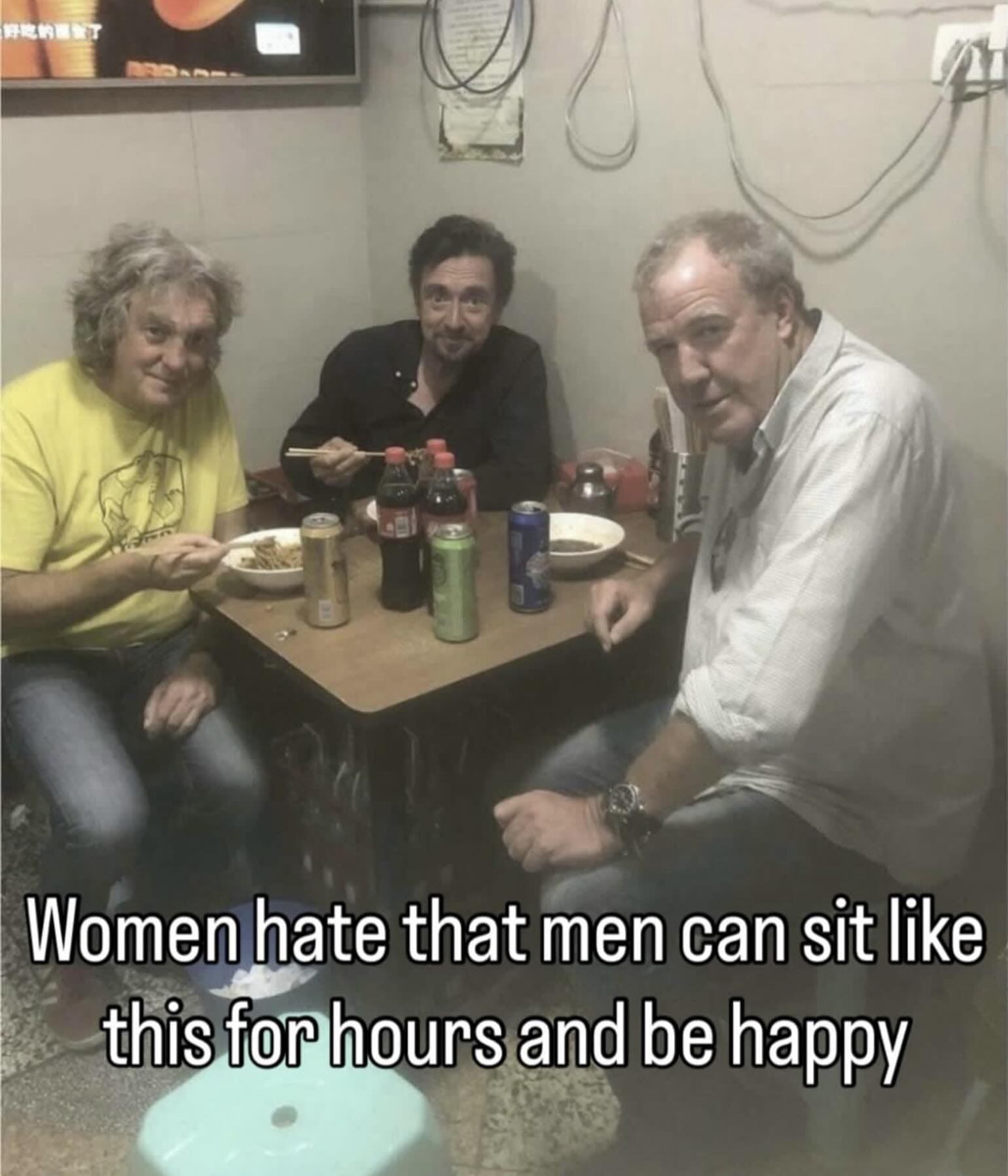 Meme featuring Jeremy Clarkson, James May, and Richard Hammond eating a simple meal together.