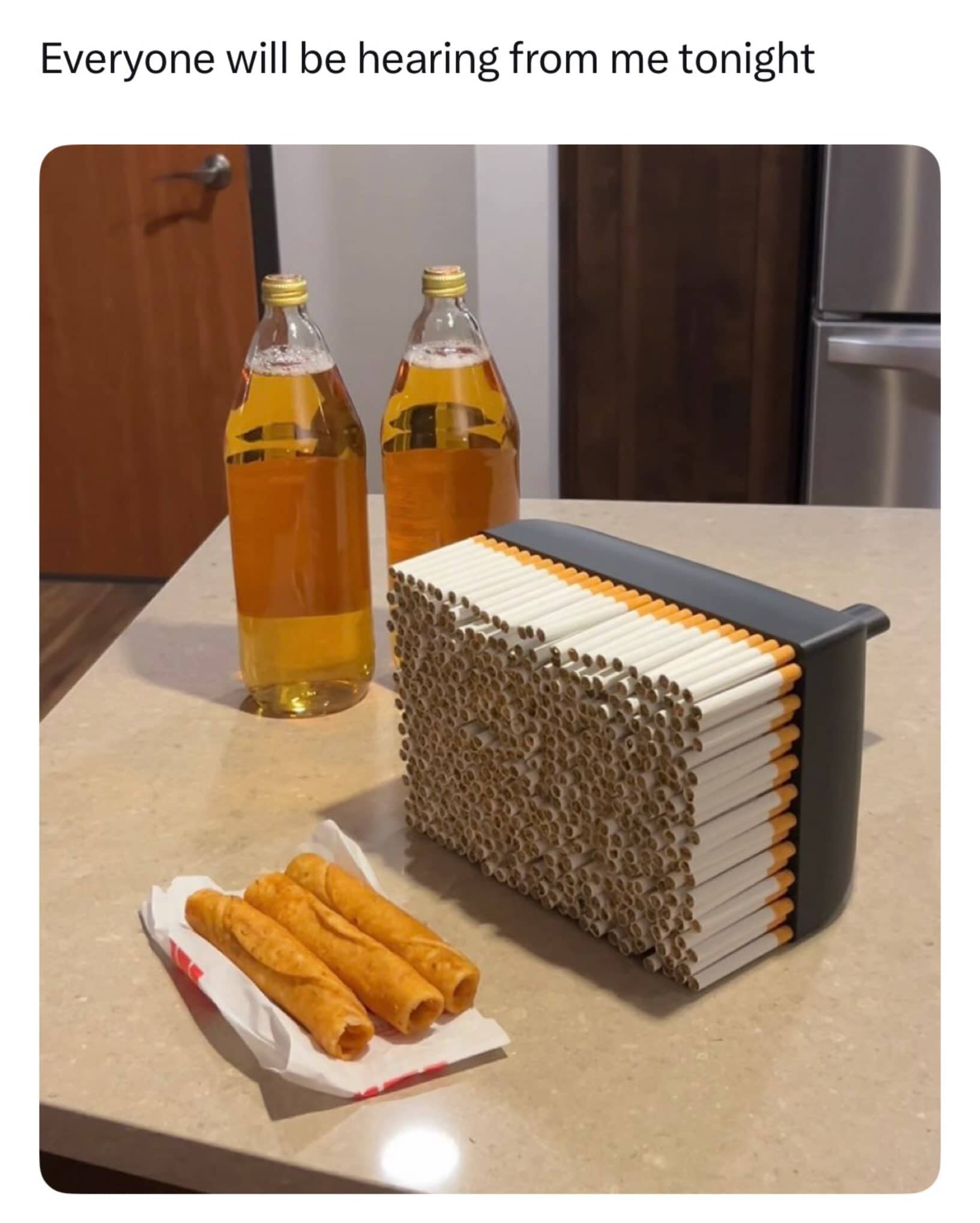 Internet meme displaying two bottles of juice, three taquitos, and a massive stack of filtered cigarettes.