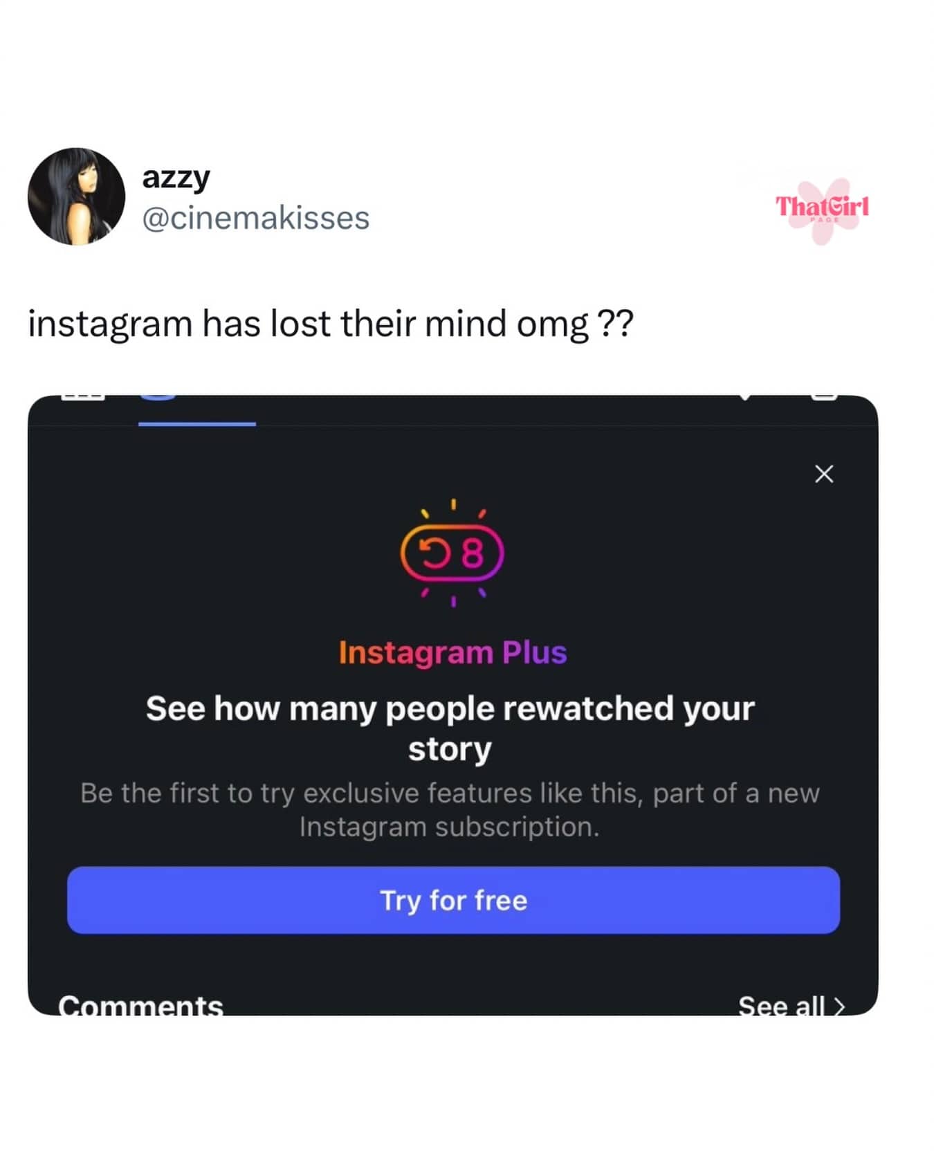 Fake Instagram Plus premium subscription notification about seeing who rewatched your stories text meme.