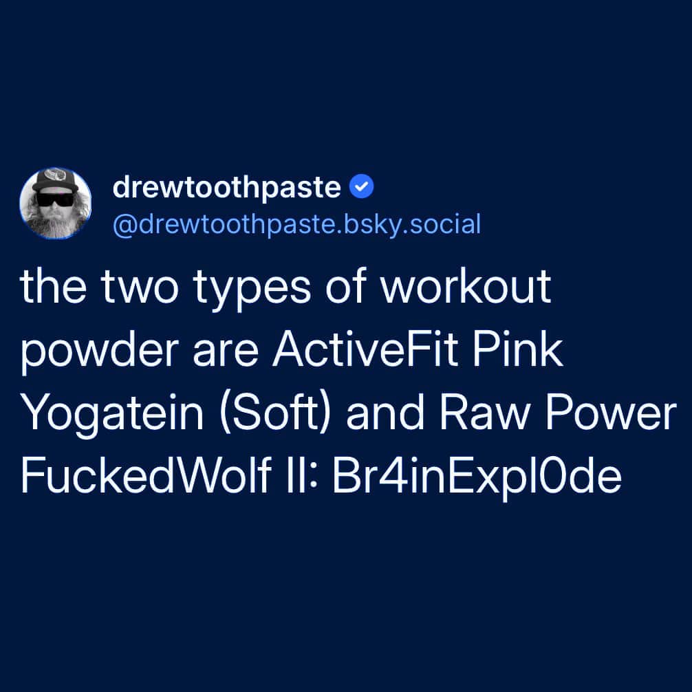 Blue Sky social media post poking fun at contrasting marketing styles for fitness workout powders.