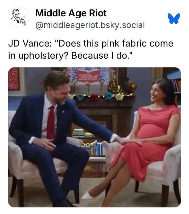 Political meme featuring JD Vance sitting next to a woman in a pink dress.