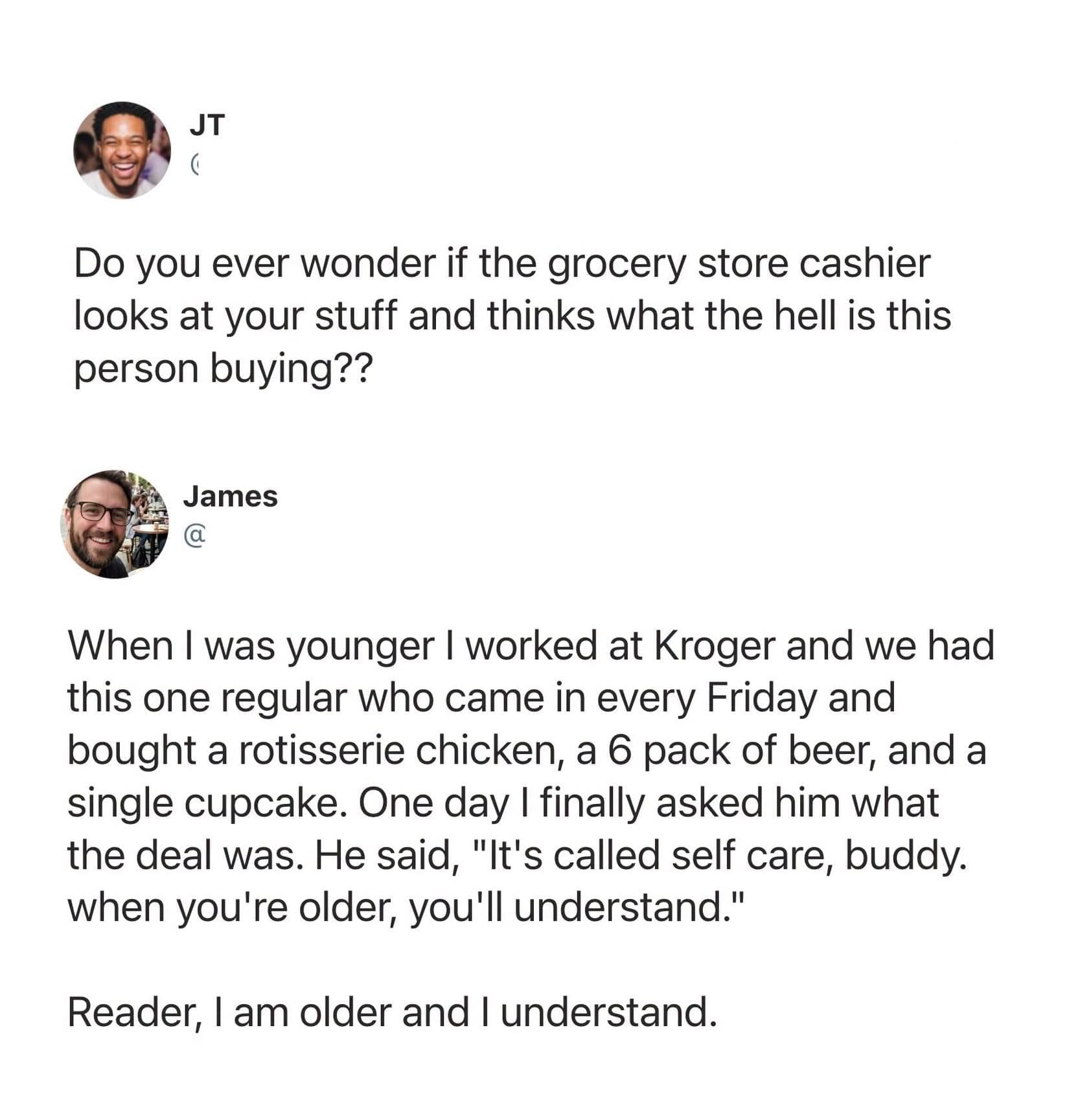 Heartwarming grocery store text story about an older man explaining his weekend self care routine.