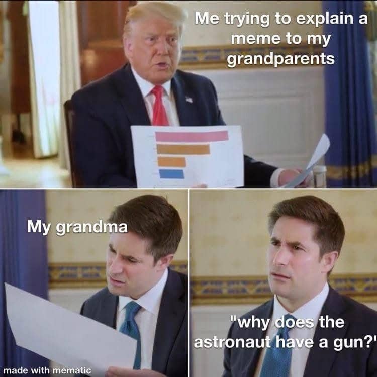 Donald Trump chart meme format repurposed to show the confusion of explaining internet humor to grandparents.