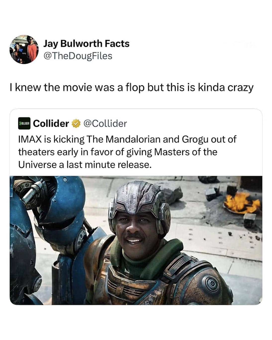 Entertainment news meme reporting on a last minute movie release schedule change in IMAX theaters.