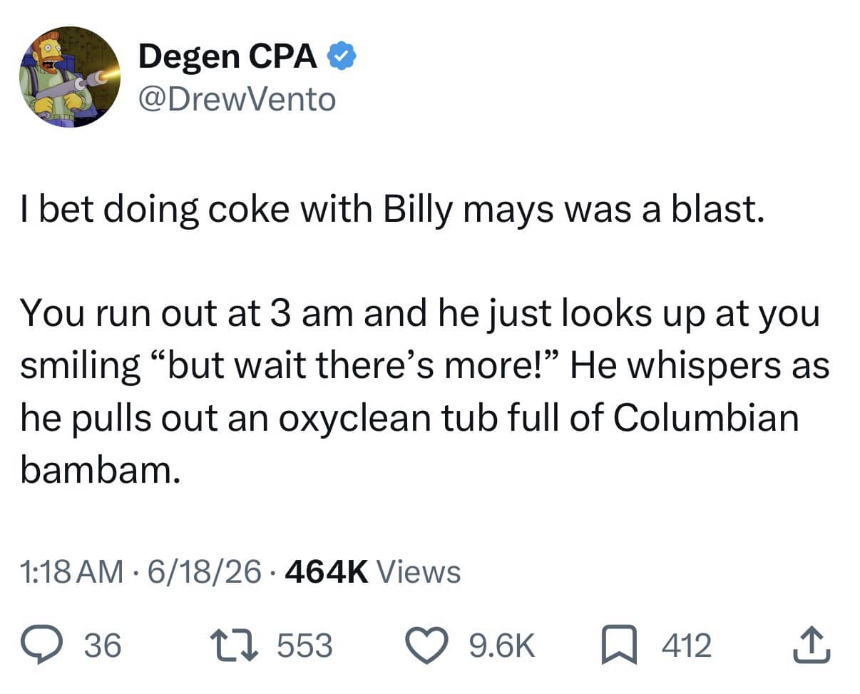 Funny tweet about doing coke with Billy Mays and running out at 3 am.