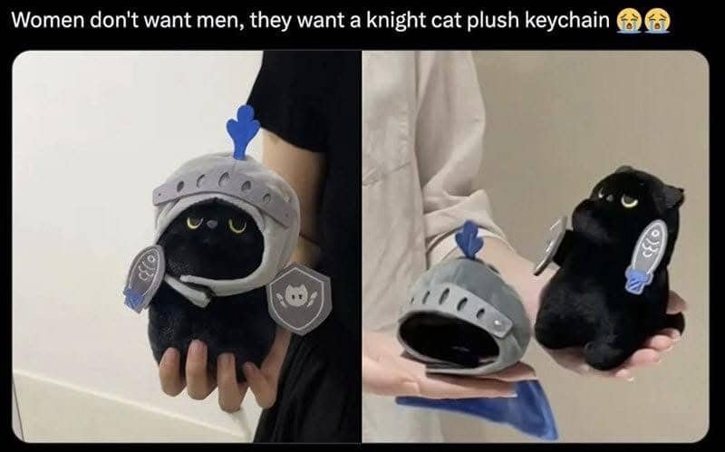 Side by side images of a black knight cat plush keychain with removable helmet.